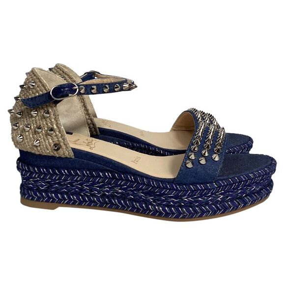 Christian Louboutin Madmonica Spike Wedge Ankle-Strap Sandals in Blue Denim - Picture 1 of 7